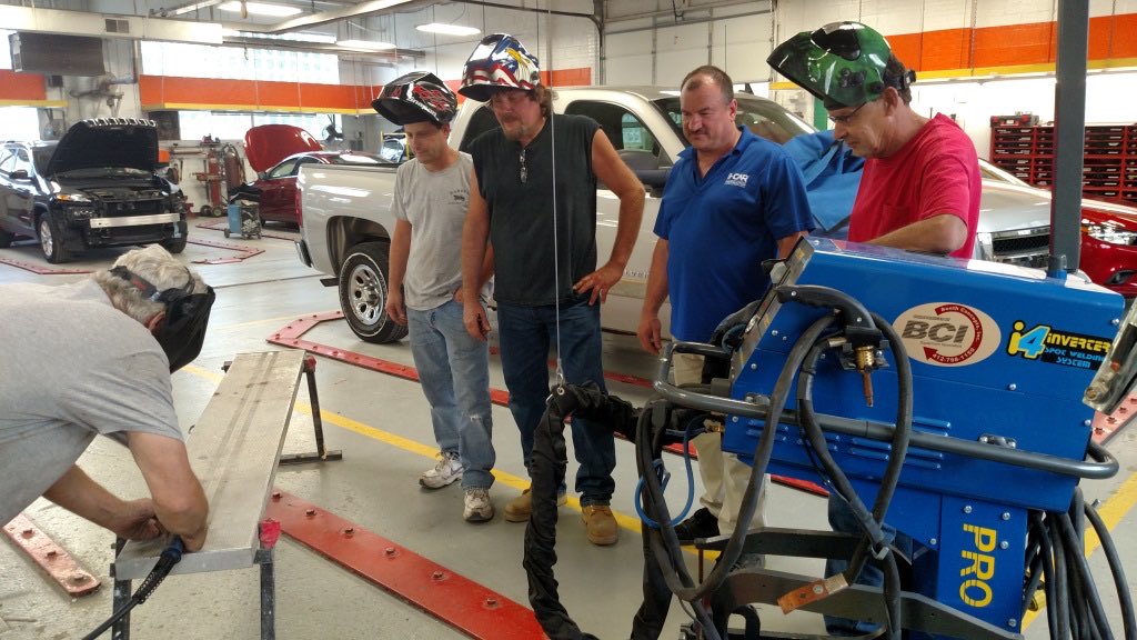 Collision technicians during I-Car welding certification testing